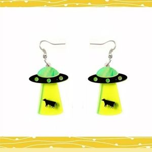 New Aliens Abducting Cow Acrylic Earrings.